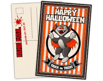 HALLOWEEN BAT Postcard - Trick or Treat Art Print - Free Shipping!