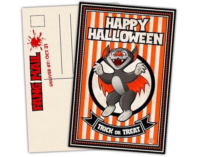 HALLOWEEN BAT Postcard - Trick or Treat Art Print - Free Shipping!