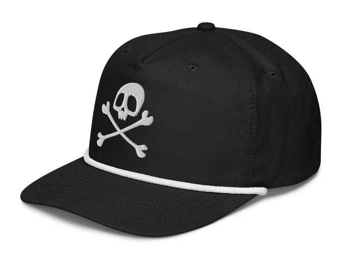 Pirate Skull & Crossbones Embroidered Rope Cap - Black