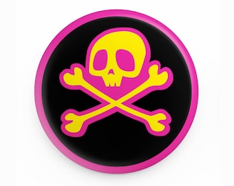 Pop Art Pirate Skull & Crossbones 1.5" Pin-Back Button - Pink/Yellow