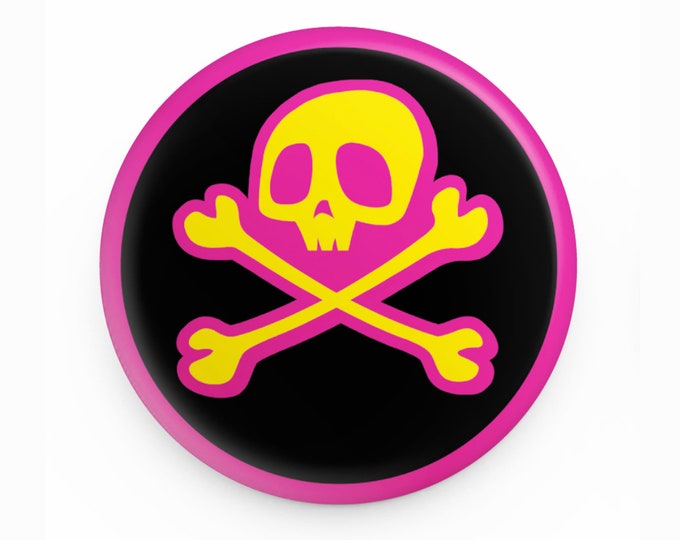 Pop Art Pirate Skull & Crossbones 1.5" Pin-Back Button - Pink/Yellow