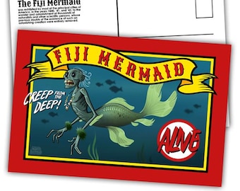FIJI MERMAID Postcard - Sideshow Oddity Art Print - Free Shipping!