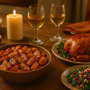 May include: A festive dinner table setting with a roasted chicken, potatoes, and salad. Two wine glasses and a lit candle add to the ambiance. The food is arranged on wooden bowls and plates, creating a warm, inviting scene.