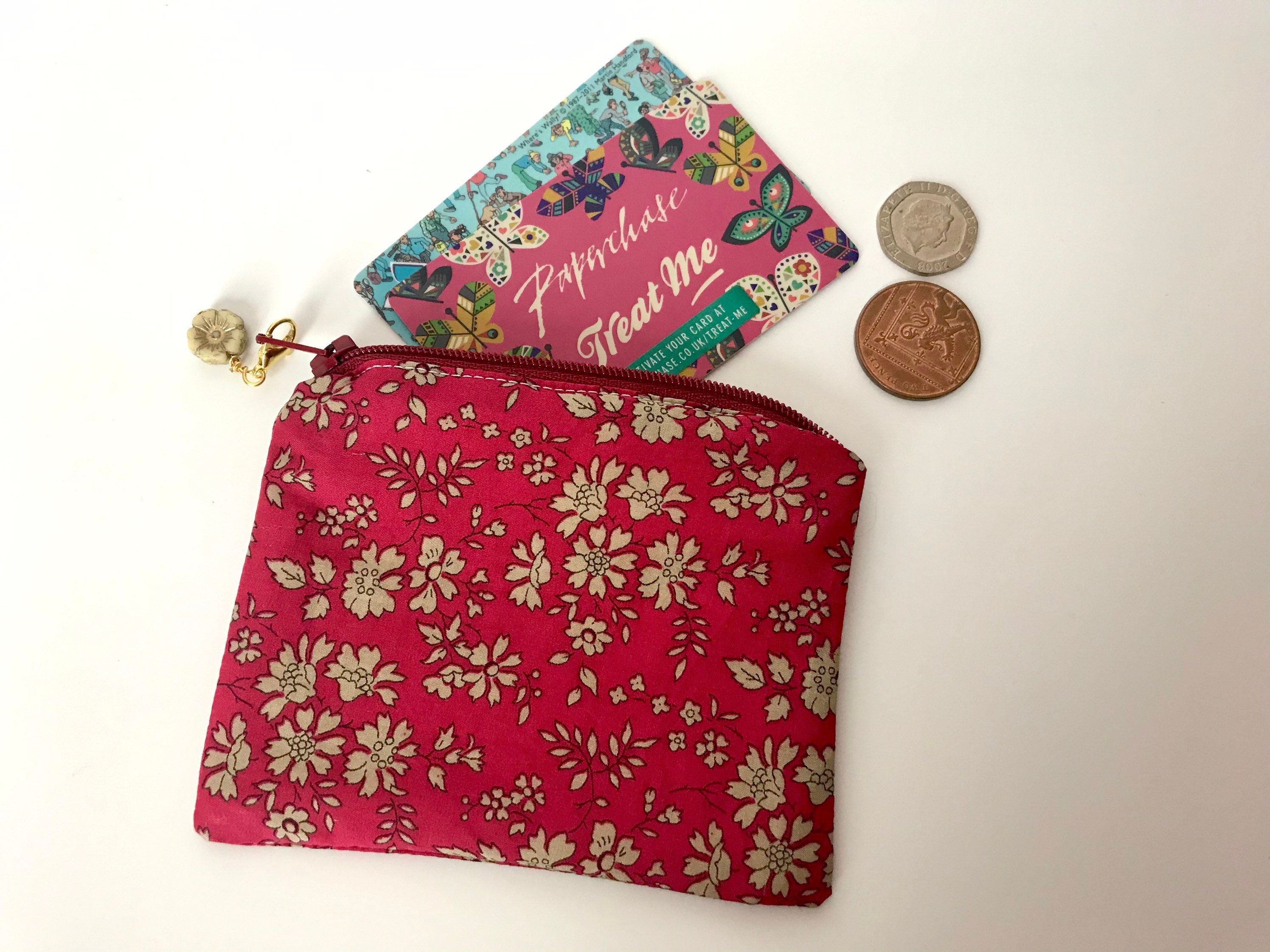 Pink Floral Coin Purse Liberty cotton lawn Notions Pouch zipper