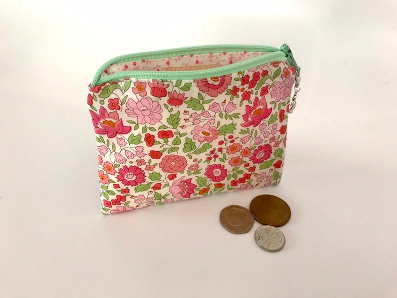 Pink Floral Coin Purse Liberty cotton lawn Notions Pouch zipper