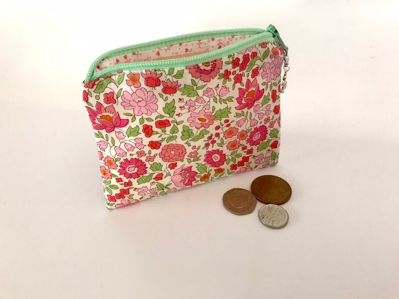 Pink Floral Coin Purse Liberty cotton lawn Notions Pouch zipper