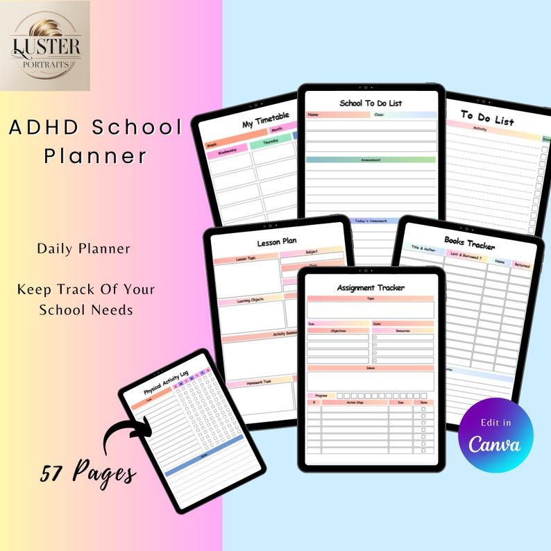 ADHD School Planner Canva Template: Daily Schedule, Lesson, Book ...