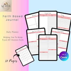 Op de afbeelding: Een digitaal, op geloof gebaseerd dagboek met een dagplanner-indeling. Het dagboek bevat secties voor Schriftstudie, devoties en gebeden. De tekst op het dagboek luidt "Faith Based Journal", "Daily Planner" en "Helping You To Keep Track Of Christen Faith". Het dagboek heeft 17 pagina's.