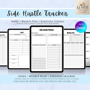 May include: A digital side hustle tracker with a black background, featuring sections for weekly plans, expenses, and steps. The text includes "Side Hustle Tracker," "Steps | Weekly Plan | Expenses Tracker," and "Helping You To Keep Track Of Your Side Hustle."