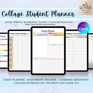 Puede incluir: Un planificador digital para estudiantes con borde negro, con secciones para ensayos, tareas y horarios semanales. El planificador incluye el texto "Essay Planner | Assignment Tracker | Learning Resources" y "Keep Track School Assignments."