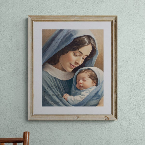 Traditional Catholic Art, Virgin Mary Art, Blessed Mother Art, Mother Mary and Baby Jesus, Nativity Art, 'THE BLUE MANTLE'  by June Jameson