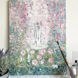 Catholic Art Modern: Original Oil on Canvas Panel 18x24, Catholic Art Mother Mary, Abstract Catholic Art Our Lady of Fatima by June Jameson