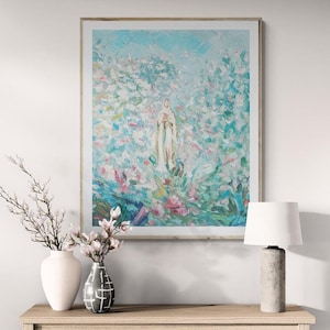 Impresión artística de Nuestra Señora de Lourdes: pintura al óleo católica de June Jameson