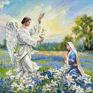 May include: A painting of an angel with white wings and a white robe, holding a bouquet of white flowers, appearing to a woman in a blue robe kneeling in a field of blue and white flowers.