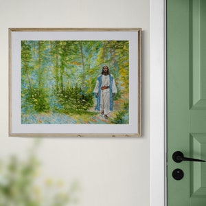 May include: A painting depicting a man in a blue robe walking through a forest. The man has long brown hair and a beard. The forest is green and lush, with sunlight filtering through the trees.
