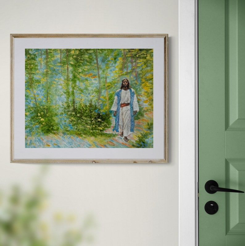 May include: A painting depicting a man in a blue robe walking through a forest. The man has long brown hair and a beard. The forest is green and lush, with sunlight filtering through the trees.