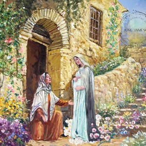 May include: An oil painting depicts two women in a garden setting. One woman, wearing a white head covering and a brown robe, kneels. The other, in a light blue gown and white veil, stands with her hand on her pregnant belly. The scene is set in front of a stone building.