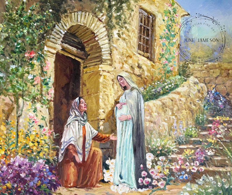 May include: An oil painting depicts two women in a garden setting. One woman, wearing a white head covering and a brown robe, kneels. The other, in a light blue gown and white veil, stands with her hand on her pregnant belly. The scene is set in front of a stone building.