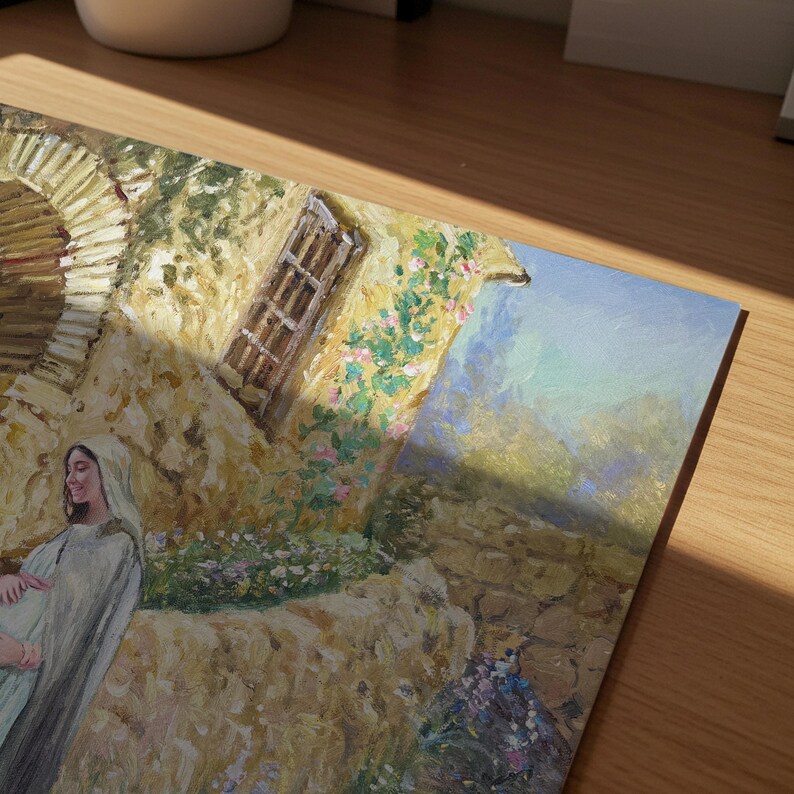 May include: Oil painting depicting a woman in a white robe, set against a backdrop of a stone building with an arched doorway and a small window. The artwork features a warm color palette with highlights of pink flowers and a blue sky.