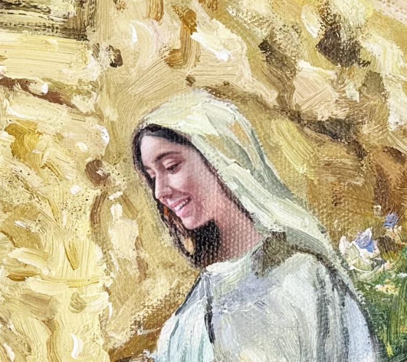 May include: Oil painting of a woman with dark hair and a light-colored head covering, smiling gently. The artwork features a warm color palette with shades of yellow, brown, and green, creating a soft and serene atmosphere. The brushstrokes are visible, adding texture.