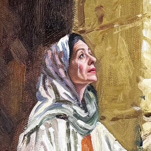 May include: Oil painting of a woman with tears on her face, looking upwards. She wears a white head covering and a white robe with orange accents. The background is a textured, golden hue.