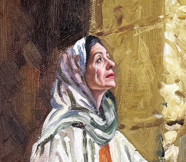 May include: Oil painting of a woman with tears on her face, looking upwards. She wears a white head covering and a white robe with orange accents. The background is a textured, golden hue.