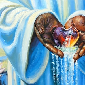 May include: A painting depicting a hand holding a heart with water flowing from it. The heart is purple, red, and yellow, and the water is blue and white. The hand is brown and the background is blue.