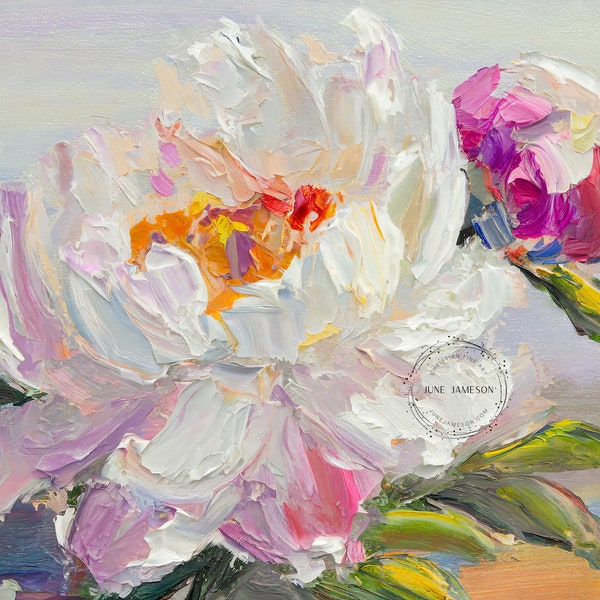 Vintage White and Pink Peonies Oil Painting, Peony Art Print,  Tropical Wall Art, Tropical Decor, Extra Large Wall Art by June Jameson