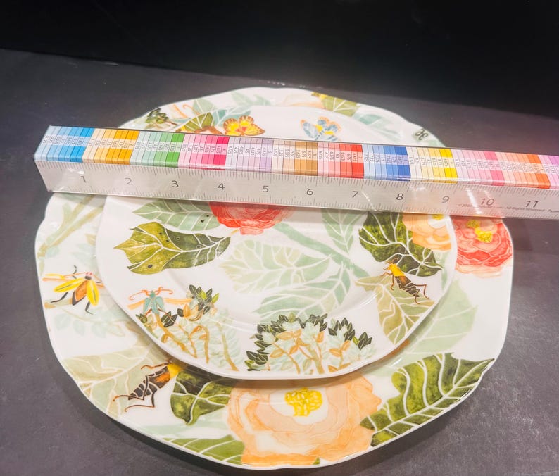 May include: Three white ceramic plates with floral and insect designs. The plates are stacked, with a ruler placed across them. The plates feature orange, yellow, and green floral patterns and insect illustrations.
