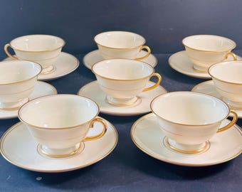 Tazzine da caffè e tè Franciscan China con piattini, set da 8 pezzi con fascia dorata, capolavoro.