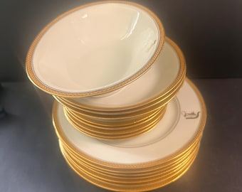 BC Limoges France White & Gold Dinner Set_ 16-Piece with Monogram D
