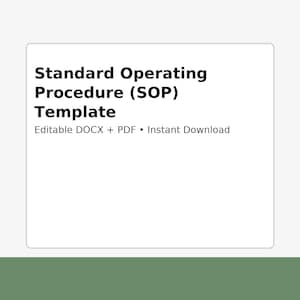 Puede incluir: Un gráfico cuadrado blanco con el texto "Standard Operating Procedure (SOP) Template" en negro. Debajo, se lee "Editable DOCX + PDF • Instant Download". El fondo es verde claro.
