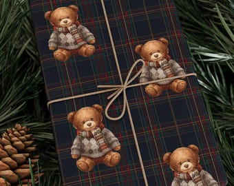 Teddy Bear Tartan Wrapping Paper,Traditional Plaid  Gift Wrap,