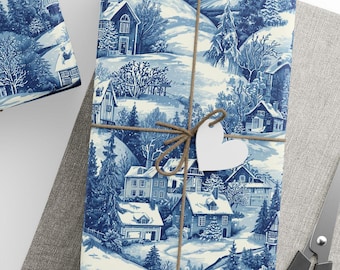 Vintage Toile Christmas Wrapping Paper | Blue & White Winter Village