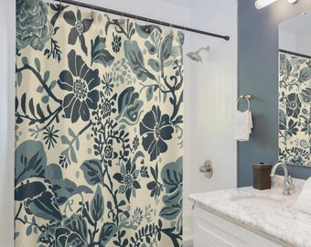Blue Floral Pattern Shower Curtain | Vintage Botanical Bath Décor