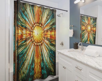 Christian Stained Glass Shower Curtain,  Religious Sunburst Bath Curtain, Spiritual  Inspired Home Decor