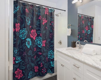 Cortina de chuveiro floral escura, decoração botânica para banheiro com um toque sombrio, cortina floral vintage rosa e azul marinho, estética boho para banheiro, decoração cottagecore.