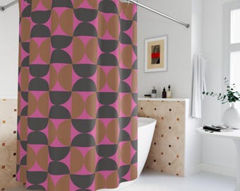 Mid Century Modern Shower Curtain  Retro Geometric Pink Brown Bathroom Curtain, 70s Style Fabric Shower Decor
