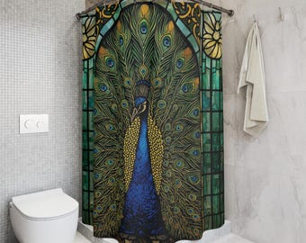 Peacock Stained Glass Shower Curtain  Art Nouveau Green Bathroom Decor, Elegant Maximalist Bath Curtain