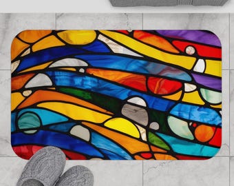 Tapete de Banho com Ondas Coloridas em Vitral | Tapete de Banheiro com Mosaico Abstrato