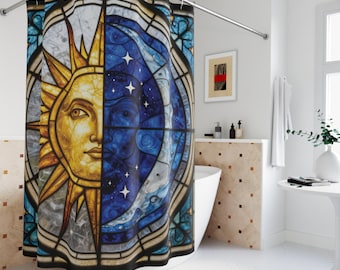 Cortina de Chuveiro em Vitral com Sol e Lua | Decoração Celestial para Banheiro