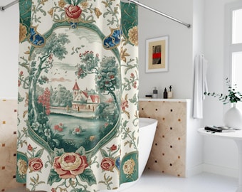 Cortina de chuveiro estilo casa de campo vitoriana com estampa toile | Decoração floral para banheiro