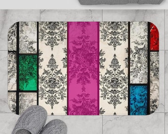 Tapete de banheiro com listras em estilo damasco vitral | Estampa de azulejos em blocos de cores