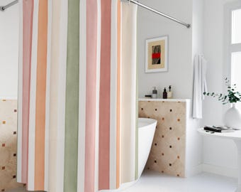 Pastel Striped Boho Shower Curtain | Pink Green Beige Minimalist Bathroom