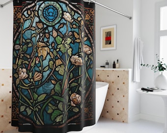 Stained Glass Floral Shower Curtain, Botanical Gothic Window Bath Decor