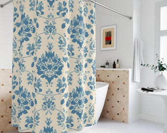 Blue Damask Shower Curtain, Blue White Bathroom Decor, Elegant Vintage Bath Curtain, Classic Floral Bathroom Decor