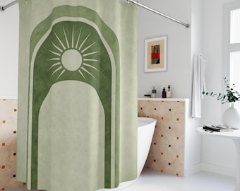 Sage Green Boho Shower Curtain,   Minimalist Shower Curtain, Modern Bathroom Decor, Neutral Arch Bath Curtain