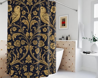 Cortina de chuveiro vintage com estampa de pássaros, decoração floral em tons de azul marinho e dourado para banheiro, cortina barroca vitoriana, banheiro elegante e luxuoso, decoração em estilo antigo.