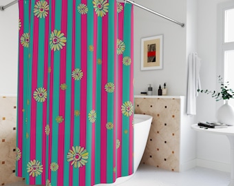 Retro Daisy Stripes Shower Curtain | Teal Pink Floral Bathroom