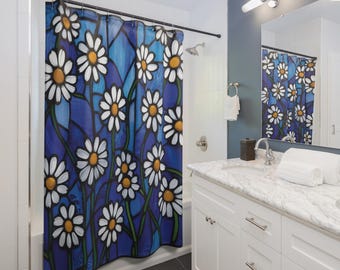 Blue Daisy Stained Glass Shower Curtain, Floral Bathroom Decor, White Flower Bath Curtain, Botanical Blue Bathroom Art